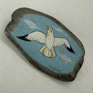 Hand Painted Wooden Seagull Pin Signed Artwork brooch Gift Vintage Beach Coast